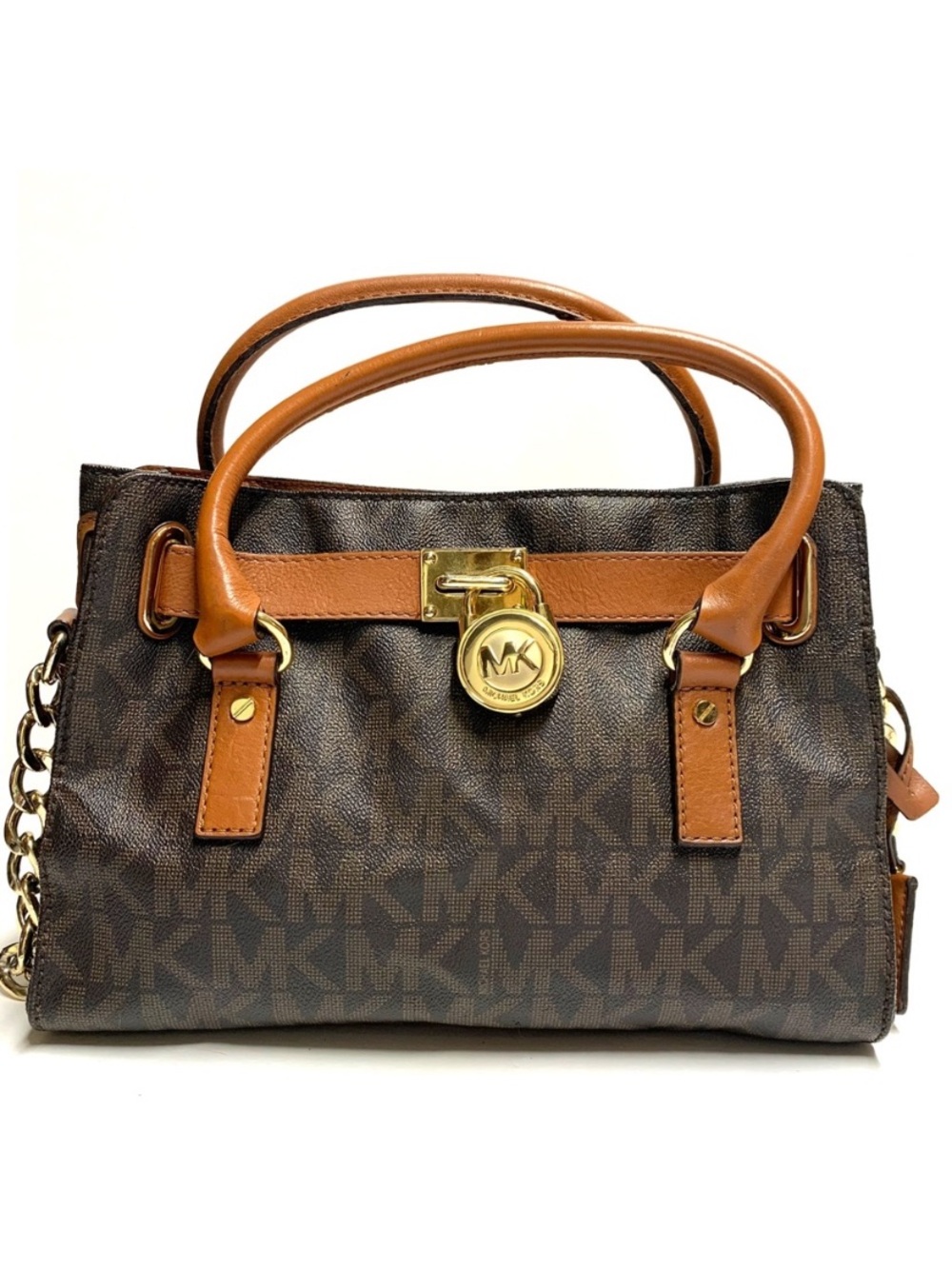Michael Kors Hamilton East West Satchel Tote | Brown MK Logo Canvas Gold Padlock